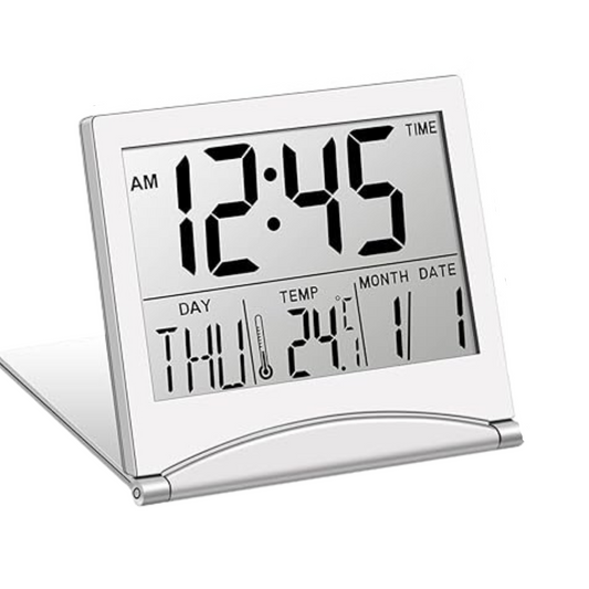 Silver Alarm Clock Desk Calendar Thermometer Timer Digital LCD Screen Travel