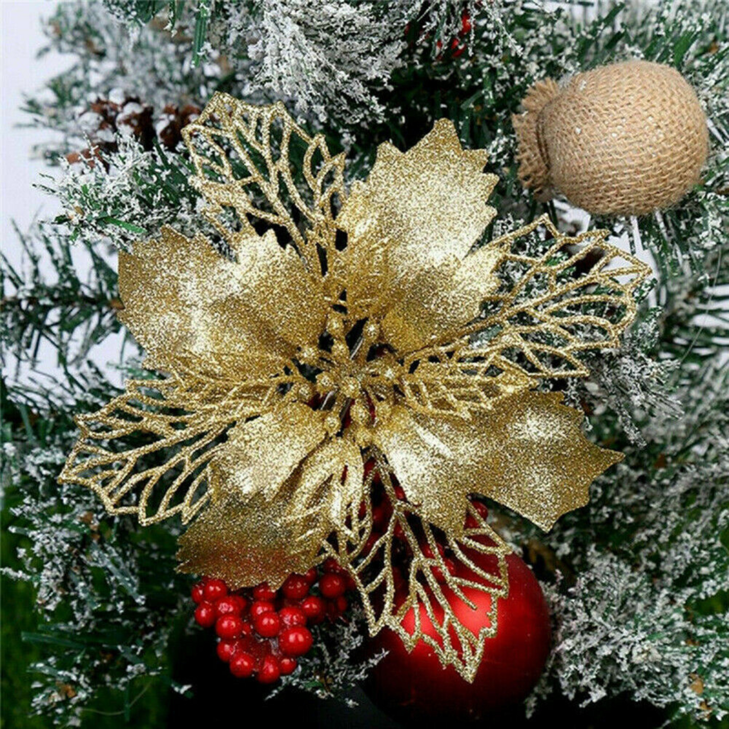 Flower Tree Hanging Decoration Christmas Poinsettia Glitter Xmas Party