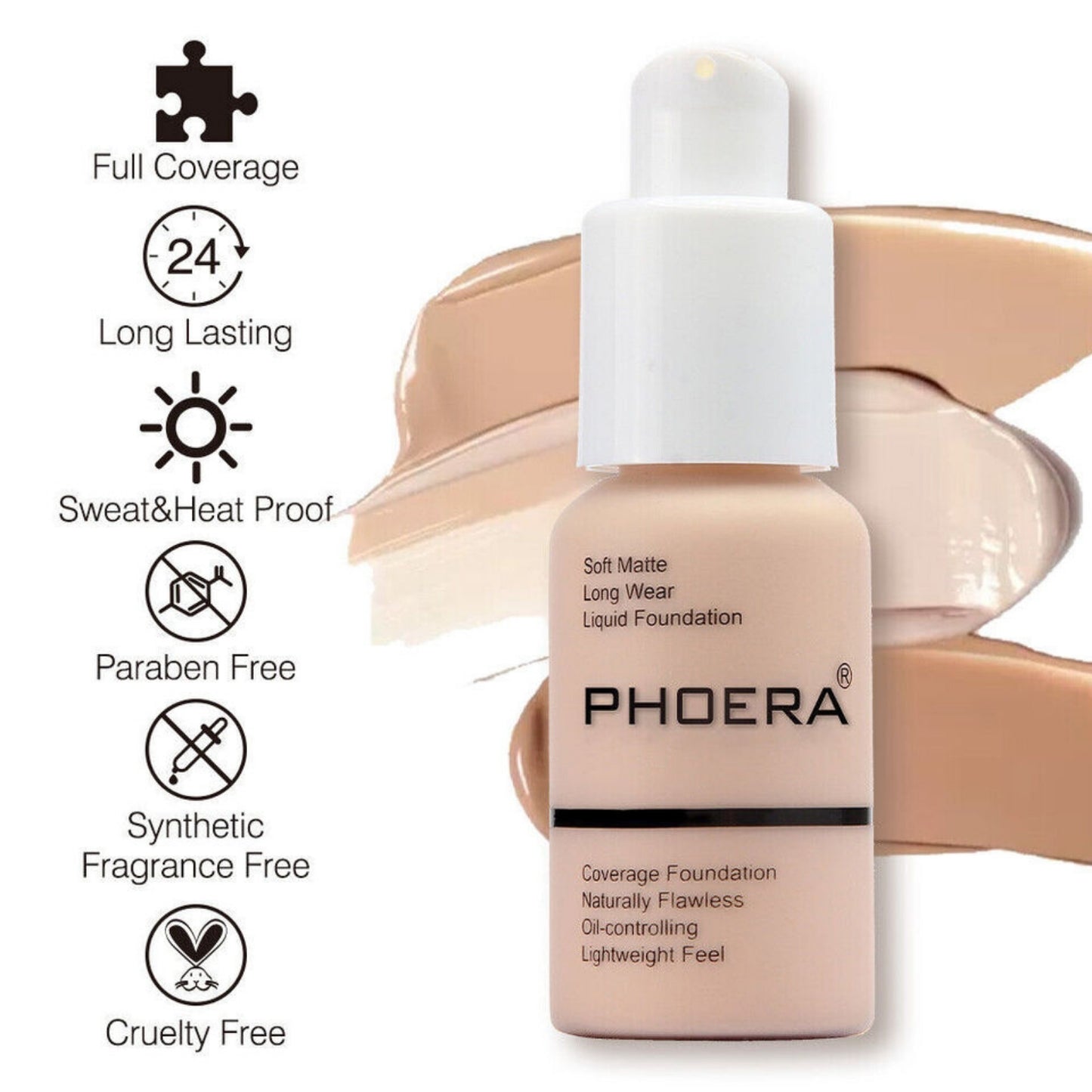 PHOERA Soft Matte Full Coverage Liquid Foundation Concealer Makeup Buff Beige