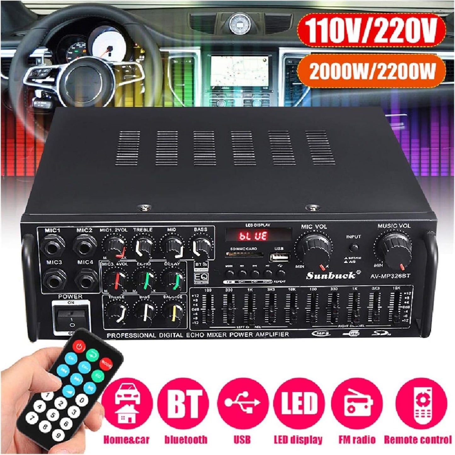 Power Amplifier 2000w Sunbuck Stereo Bluetooth FM SD Remote Control Karaoke