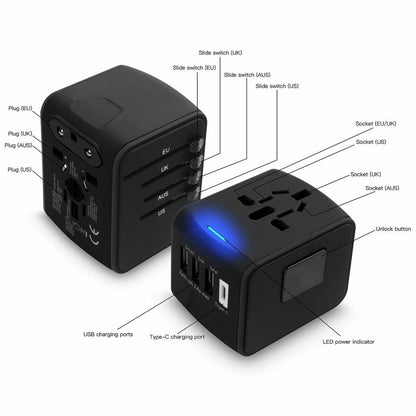 Universal International Travel AC Power Adapter Plug With 3 USB+ Type C Charger