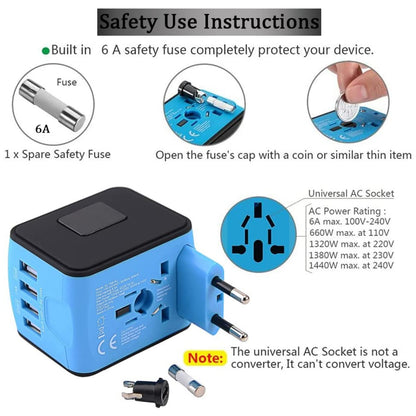 Universal International Travel AC Power Adapter Plug With 3 USB+ Type C Charger