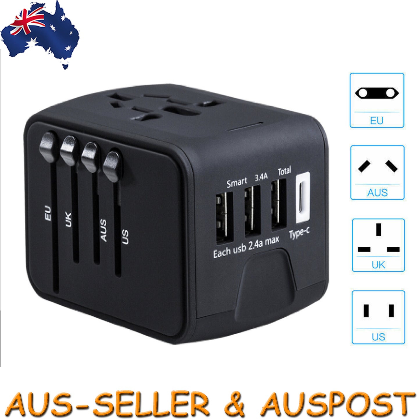 Universal International Travel AC Power Adapter Plug With 3 USB+ Type C Charger